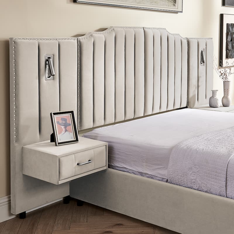 Upholstered Bed, Vertical Stripe Buttons Design Wingback Bed Frame, Velvet Fabric Platform Bed with Bedside Table