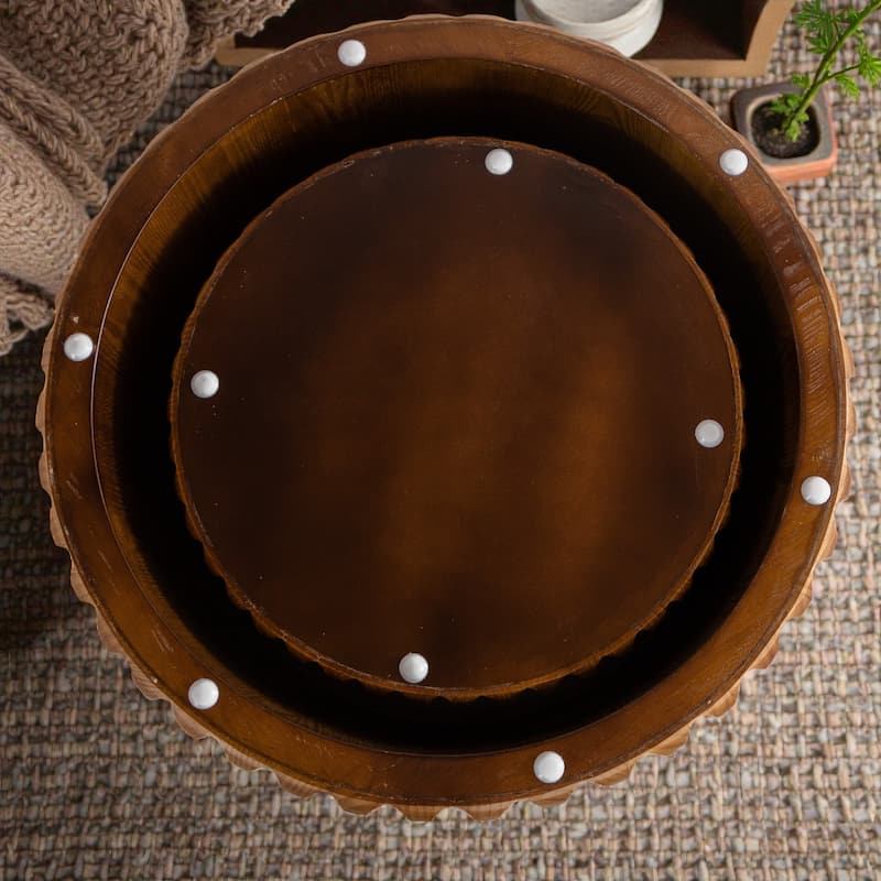 Set of 2 Fluted Round Coffee Tables, Mid-Century Modern Nesting Wood Center Tables, Solid Wood and MDF