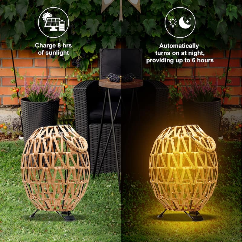 Solar Wicker Lantern Outdoor Rattan Light with LED 11"x15" Waterproof