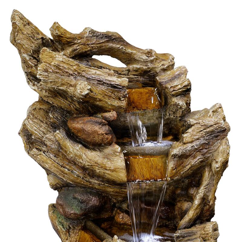 Alpine Corporation 47" Tall Outdoor 5-Tier Tree Trunk Waterfall Floor Fountain with LED Lights