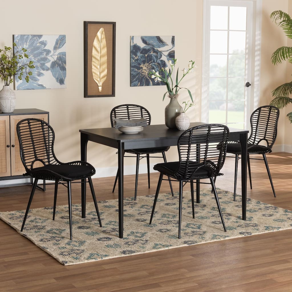 Brenna Modern Bohemian Finished Wood and Rattan Dining Set