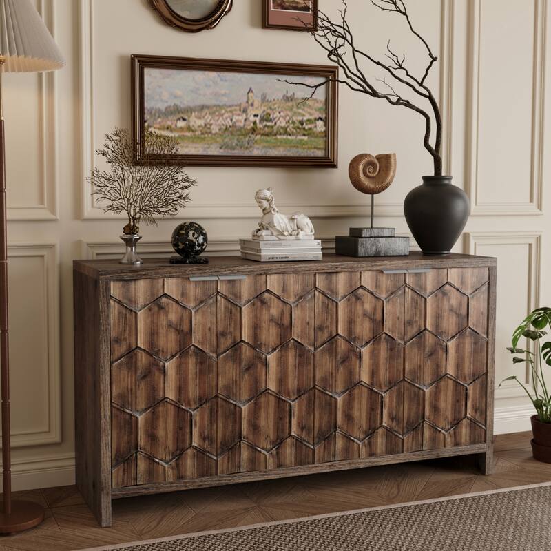 Farmhouse Style 4 Door Wooden Cabinet Sideboard Buffet