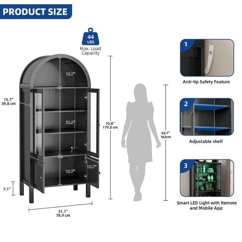 Modern 71" Tall Arched Kitchen Pantry Cabinet with LED Light,Bookcase Cabinet with Storage and Glass Doors