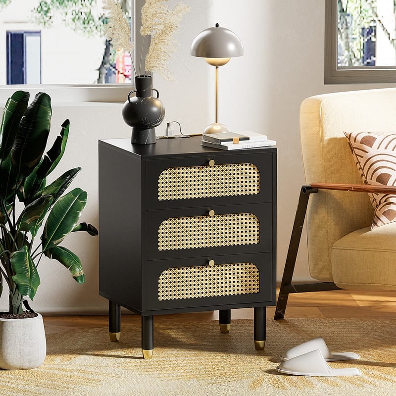 Rattan Nightstand with 3 Drawers - Black