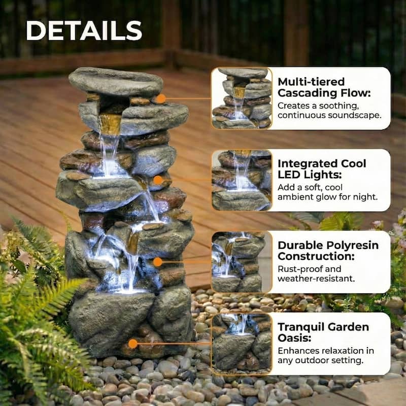 30'' H Outdoor Stone-Like Resin Water Fountain with LED Light & Waterfall Flow - N/A