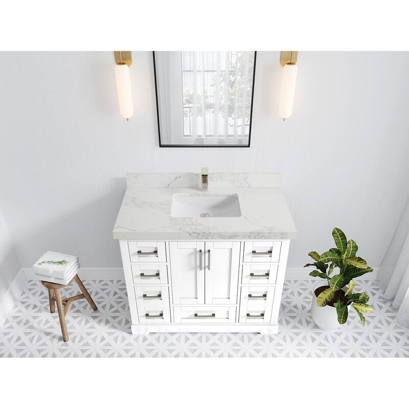 Willow Collection 42 in W x 22 in D x 36 in H Boston Single Bowl Sink Bathroom Vanity with Countertop - 2"Calacatta Nuvo - White