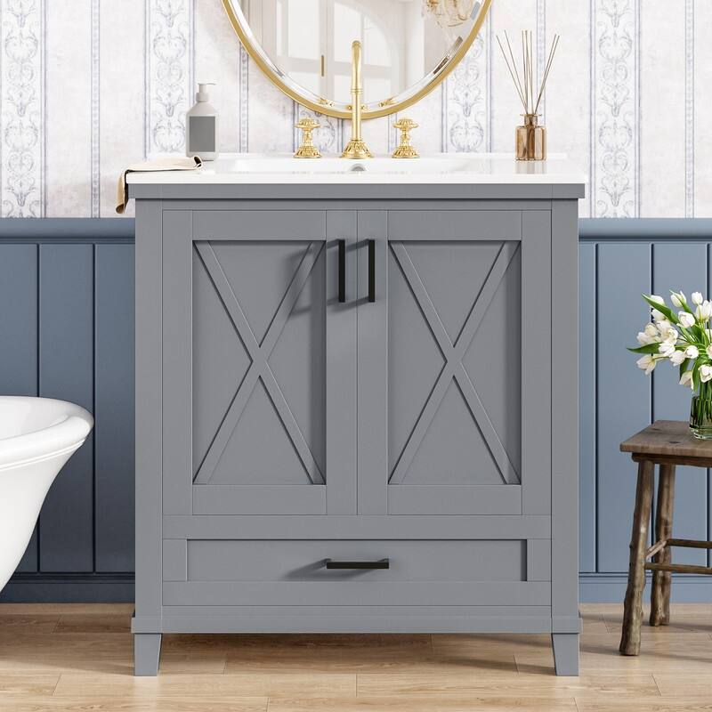 30" Bathroom Vanity with Single Ceramic Sink, 2 Soft-Close Doors, 1 Divided Drawer