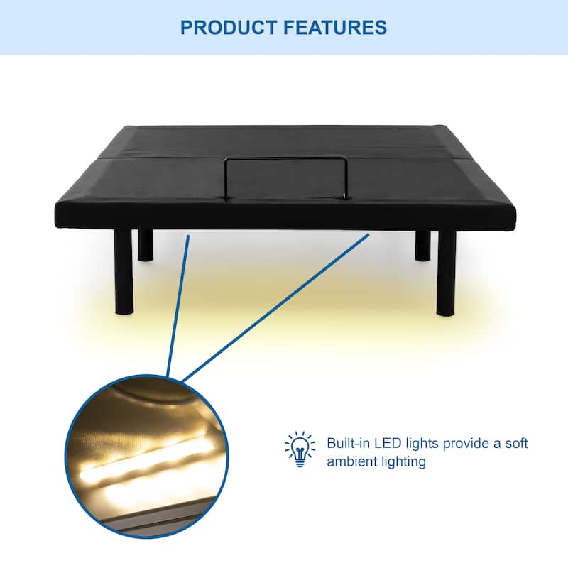 Wizzin Contemporary Meatl Adjustable Bed Frame with 5 Positions, USB Ports and LED Light