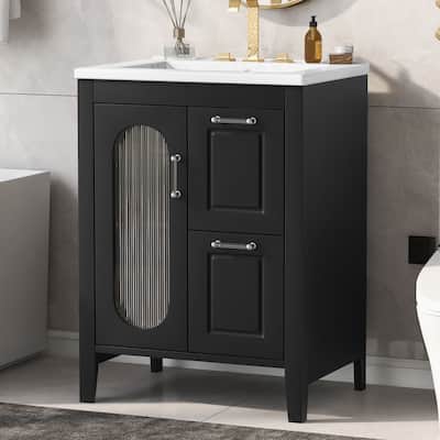 GDFStudio - Emma 24-Inch Bathroom Vanity with Ceramic Sink, Moru Glass Door and Adjustable Storage
