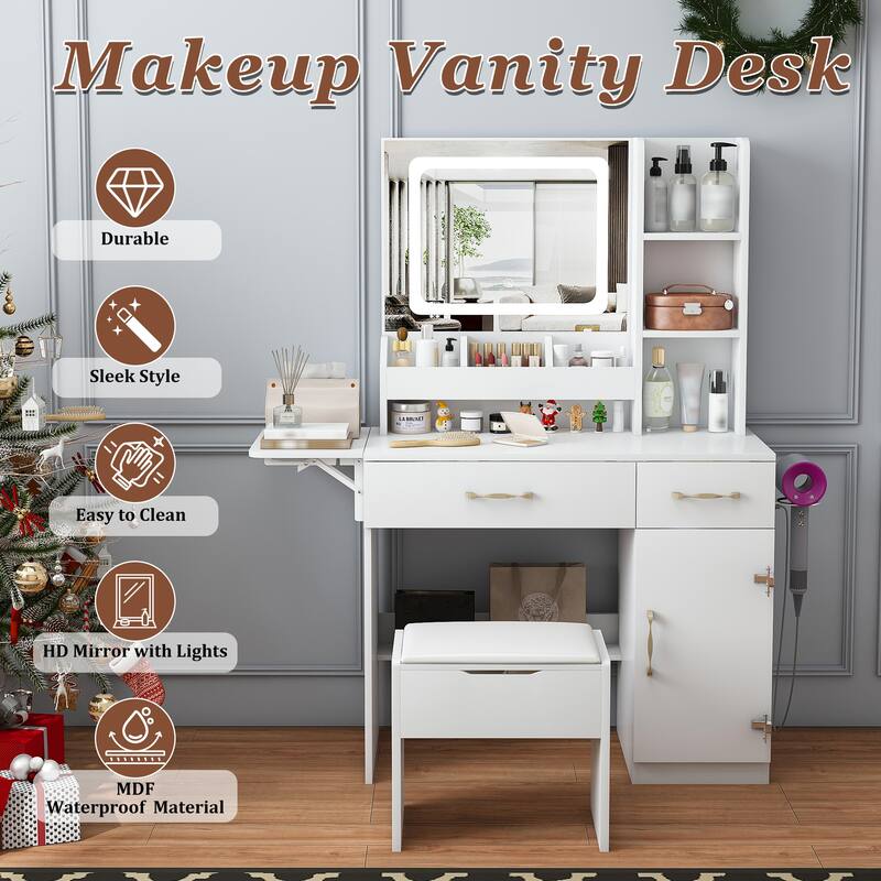 Roomfitters Makeup Vanity Desk with Charging Station, Lighted Mirror & Storage Stool, Expandable Table, White - White