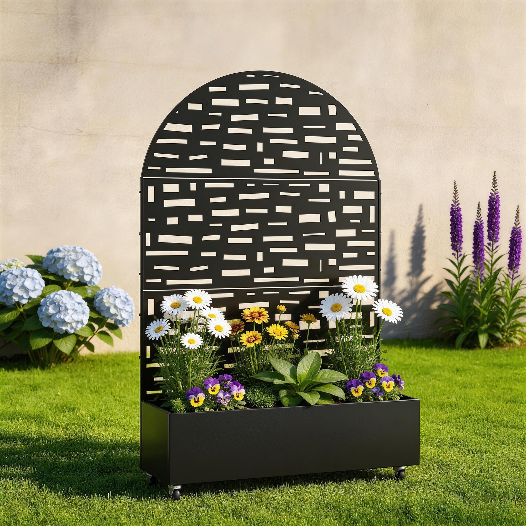 Arched Decorative Metal Privacy Screen with Planter Box Wheels