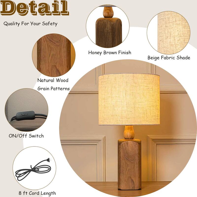 18''/22''Farmhouse Traditional Natural Solid Wood Table Lamp with Beige Fabri Drum Shade for Bedroom Living Room