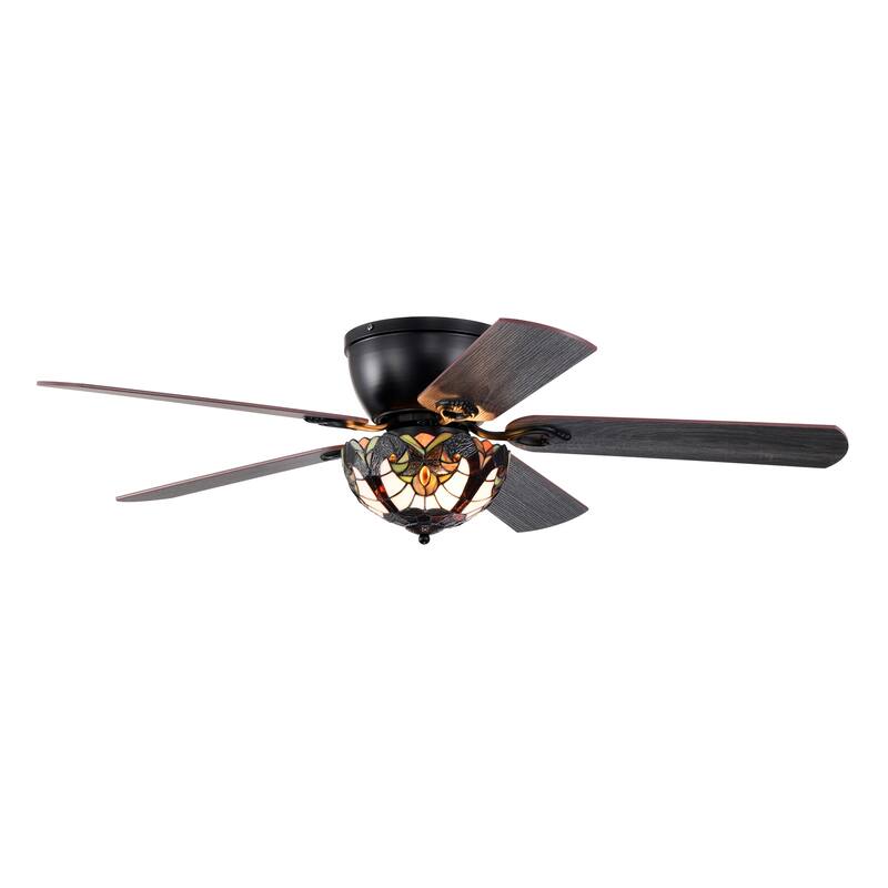 Apgrie 52-Inch Flushmount Lighted Ceiling Fan Warm Tones Tiffany Glass Lamp Black Finish