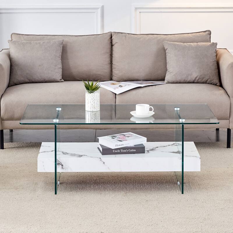Roomfitters 43.3" Two-Tier Glass Coffee Table with Light Wood Shelf, Side Table or Display Stand