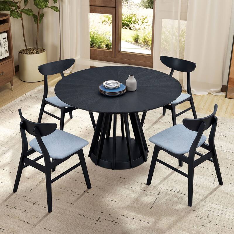 5-piece Modern Dining Table Chairs Set Kitchen Wooden Dining Table Casual Dining Table with 4 Upholstered Dining Chairs - Black - Round Table with 4 Chairs