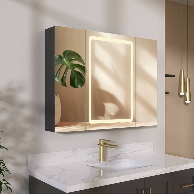 ZEAFIVE LED Black Bathroom Medicine Cabinet Surface Mount Defog Medicine Cabinet 3 Lights Dimmable