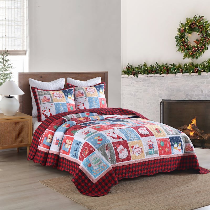 MarCielo 3 Pcs Festive Christmas Quilt Bedspread Set Holiday Bedding C104