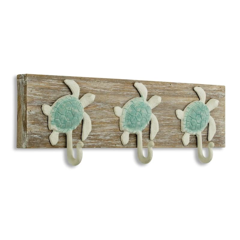 18.25” Brown and Blue Sea Turtle 3 Hooks Small Coat Hanger