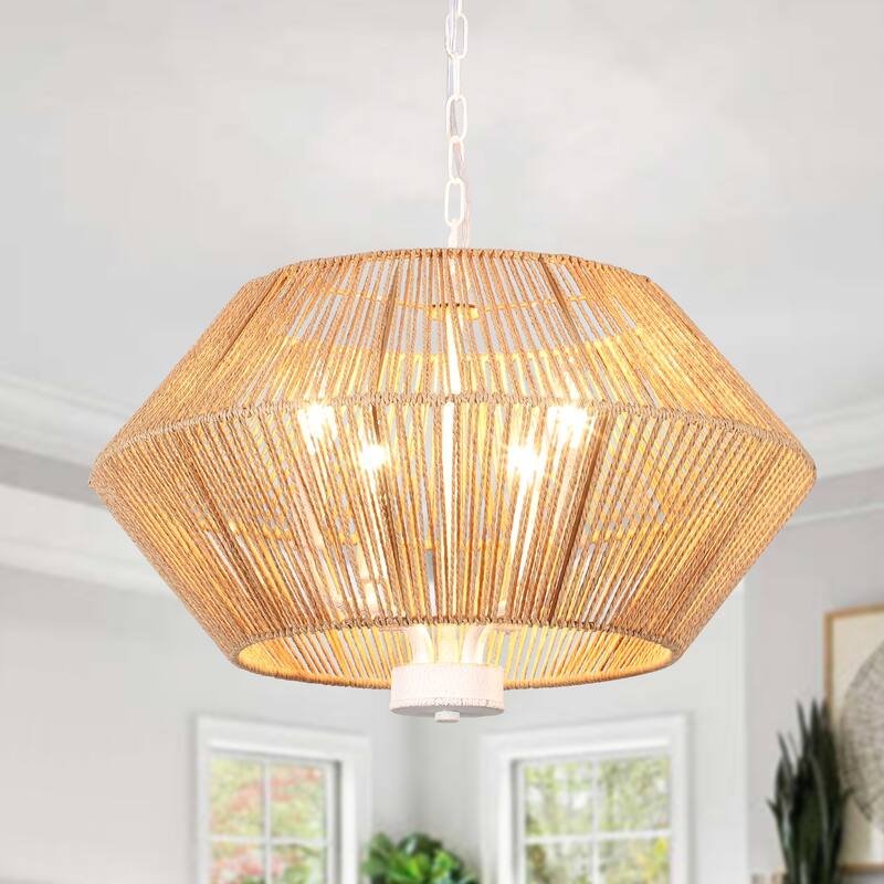 4-Light Dimmable Pendant Light, Paper Rattan Lampshade Candle Chandelier for Living Room with no bulbs included