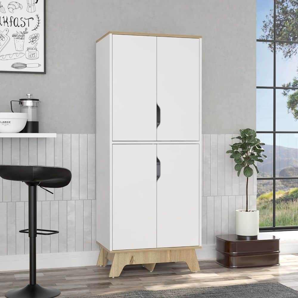 Pamplona Double Kitchen Pantry, Double Door, Four Shelves -Light Oak / White