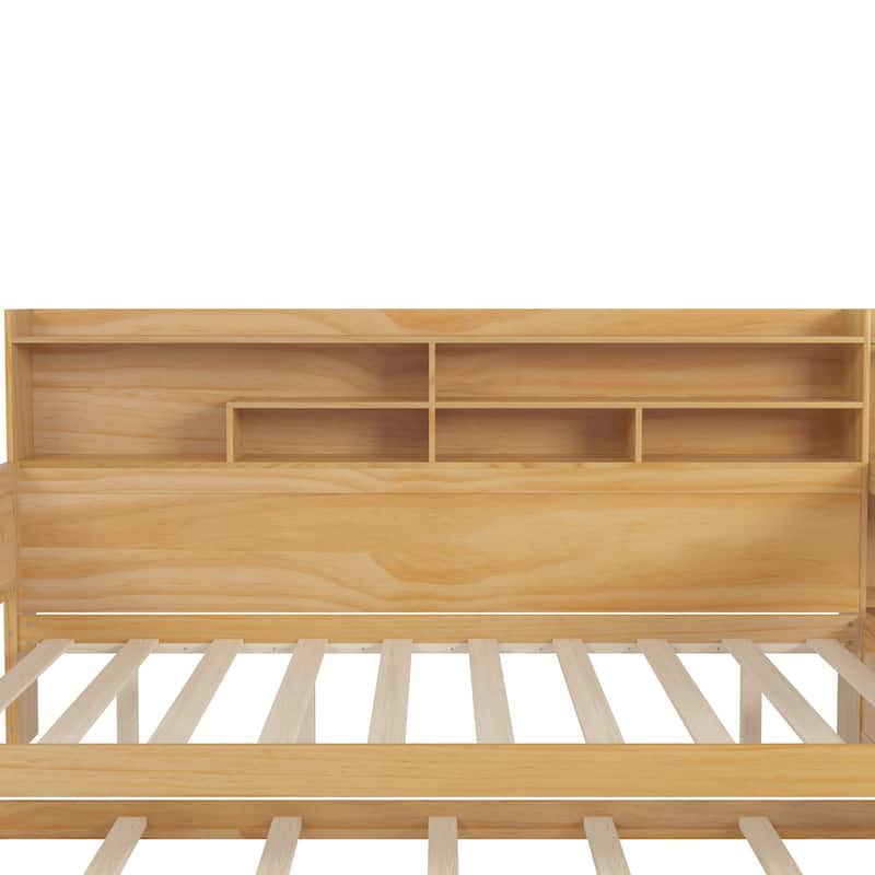 Wooden Full Size Daybed with Storage Shelves, Multi-functional Bed with Twin Size Trundle Bed and Study Desk, Natural