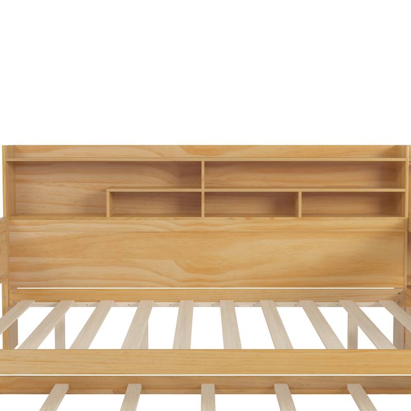 Wooden Twin/Full Size Daybed with Trundle Bed, Multi-functional Corner Platform Sofa Bed Frame with Storage Headboard and Desk