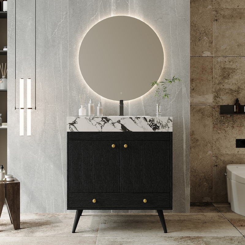 Mid-Century 30" Freestanding Bathroom Vanity with Faux Marble Top, Ceramic Sink & Gold Legs Cabinet - Black+White