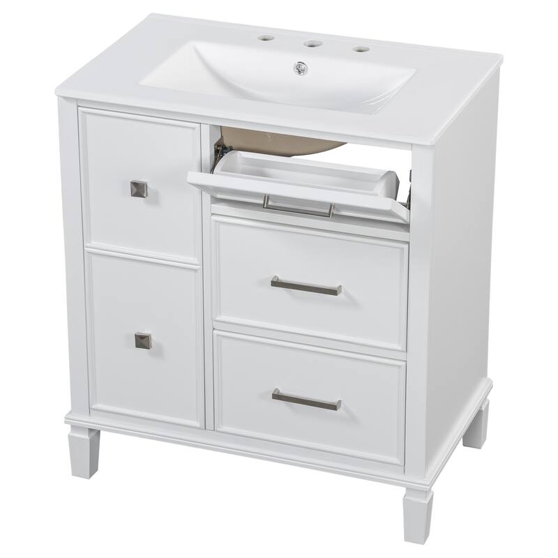 Freestanding Bathroom Vanity with Drop-In Rectangular Ceramic Sink, Flip-Out Drawer, Soft-Close Drawers and Solid Wood Legs