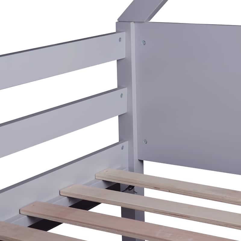 Twin over Twin Floor Bunk Bed,Rubber Wood House Shaped Bunk Bedframe