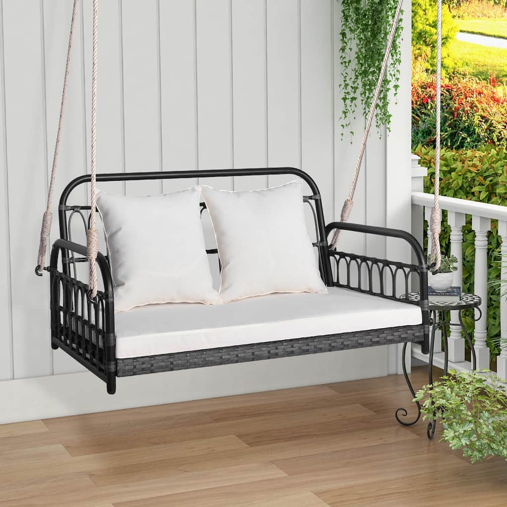 Outdoor Patio Swing Chair Hanging Seat Wicker Loveseat Cushioned