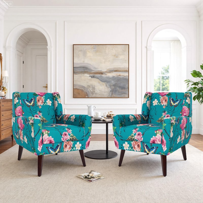 2 Set Modern Tufted Linen Upholstered Accent Chair Faux Leather Armchair