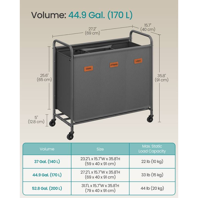 Slate Gray 3-Section Laundry Sorter with Wheels Durable Steel & Oxford Fabric Hamper - 170L