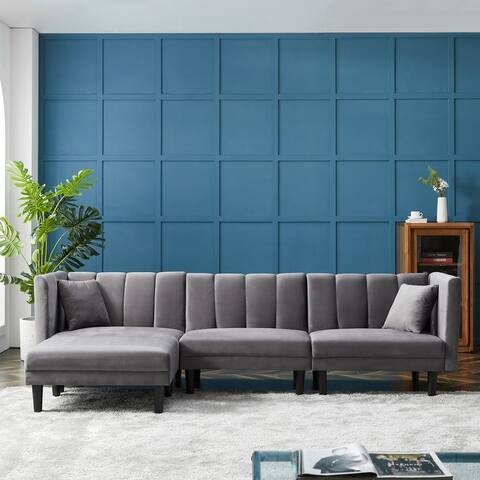 3-seater Sofa Reversible Sectional Sofa Furniture Sleeper Upholstered Chaise with Detachable Armrests and Velvet 2 Pillows