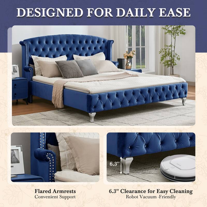 Christopher Knight Home - Larkswood Velvet Upholstered King Size Bed Frame with Wingback Headboard