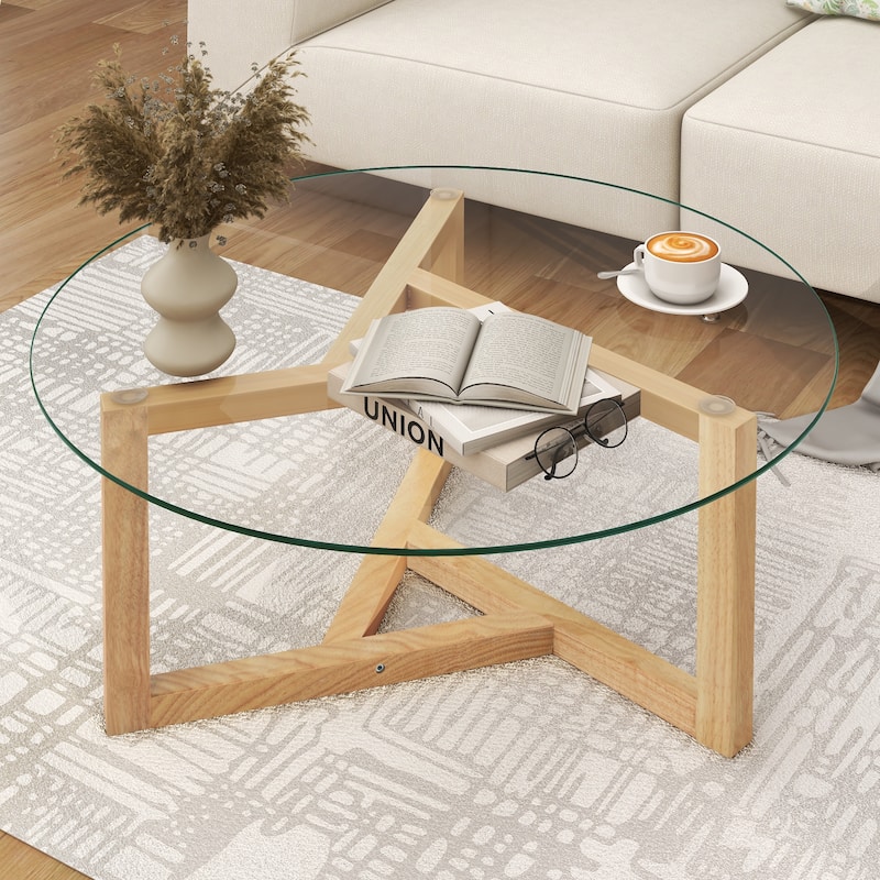 Roomfitters Round Glass Coffee Table with Tempered Glass Top, Modern Cocktail Center Table with Sturdy Wood Base for Living Room