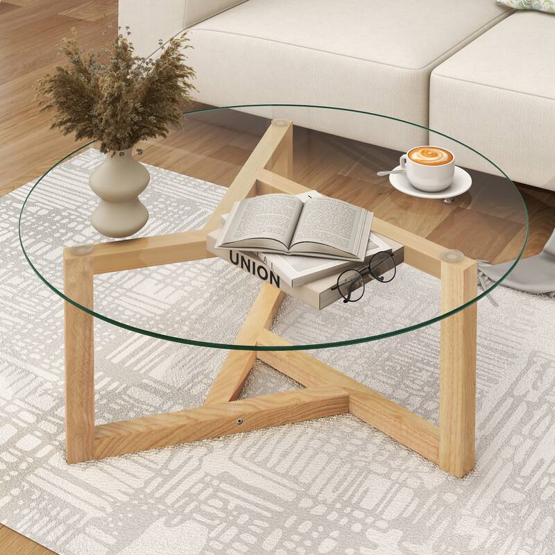 Round Glass Coffee Table, Home Snack Table Small Spaces Cocktail Table with Sturdy Wood Base for Living Room
