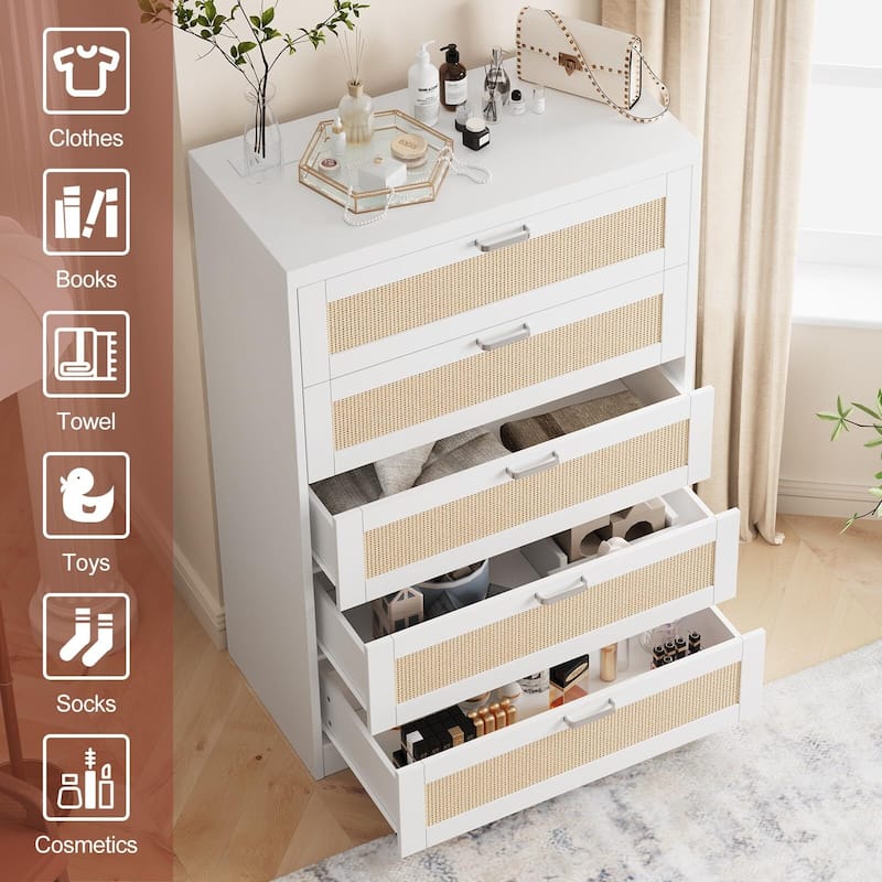 5 Drawers Tall Rattan Dresser, with Wide Top and Handles