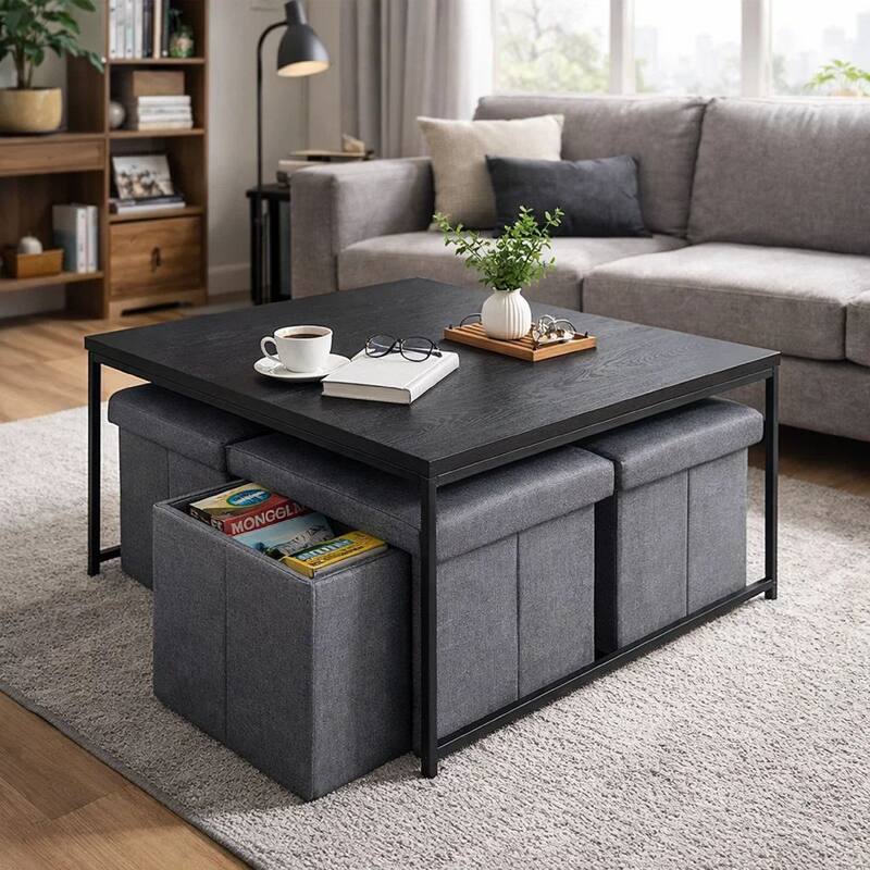All 5 Piece Coffee Table Set, Oak Black Top with 4 Nesting Storage Bins