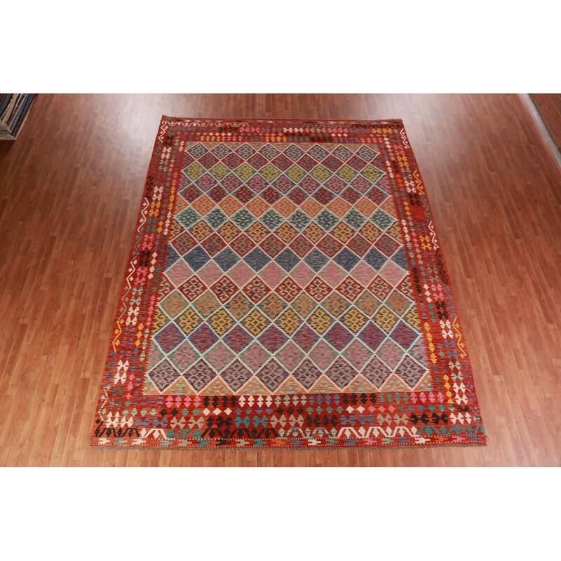 All-Over Trellis Kilim Oriental Large Rug Hand-Woven Wool Carpet - 10'8"x 12'11"