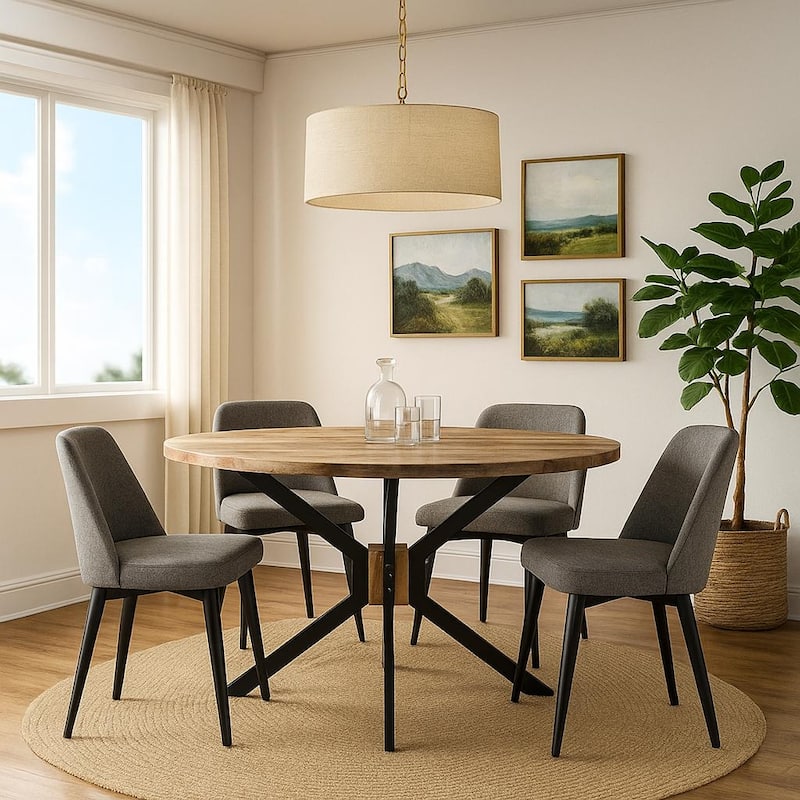 Solid Wood Round Dining Table with Cross Metal Legs - 51" - Brown