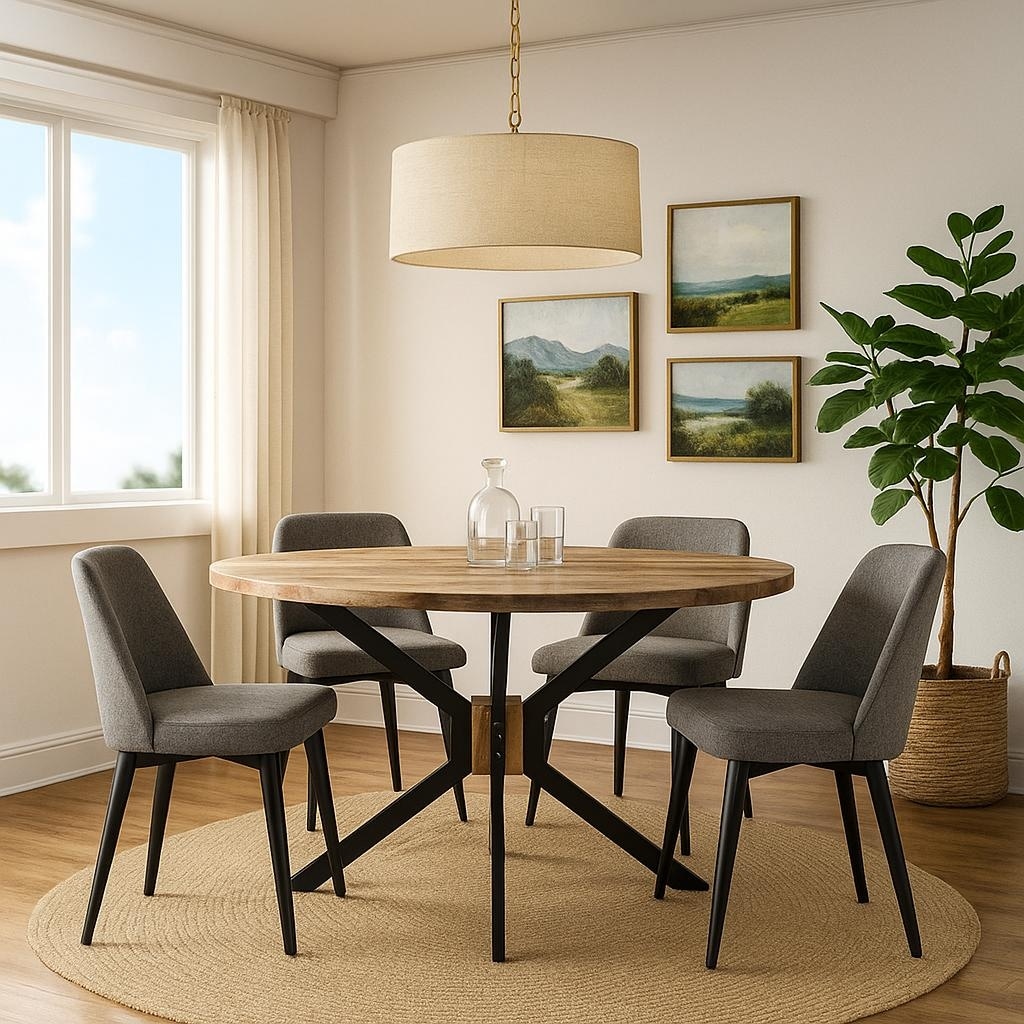 Solid Wood Round Dining Table with Cross Metal Legs - 51"