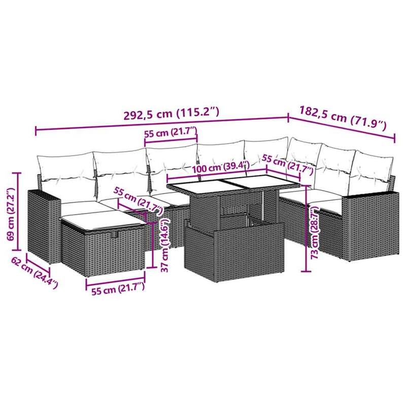 vidaXL Patio Sofa Set with Cushions Outdoor Furniture 9 Piece Poly Rattan - 21.7 x 39.4 x 28.7 in