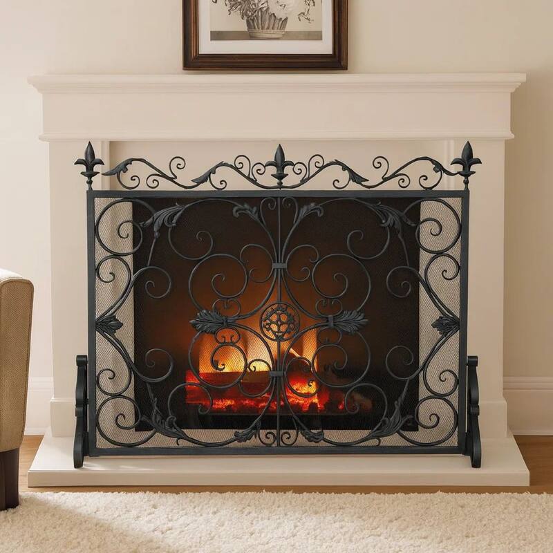 Fireplace Screen, 45 Inch Scroll Design with Mesh, Black Silver Iron