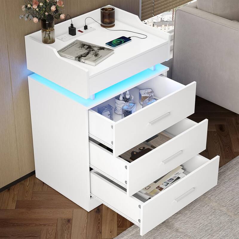 Nightstand with Charging Station and LED Lights 3 Drawers