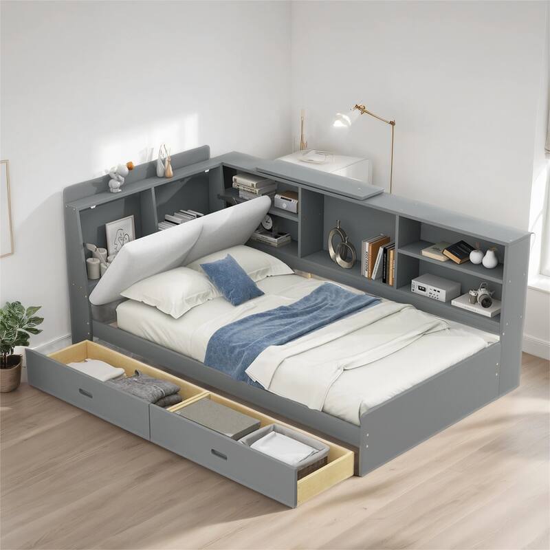 Wood Twin Size Platform Bed w/ Storage Headboard, Shelves & 2 Drawers