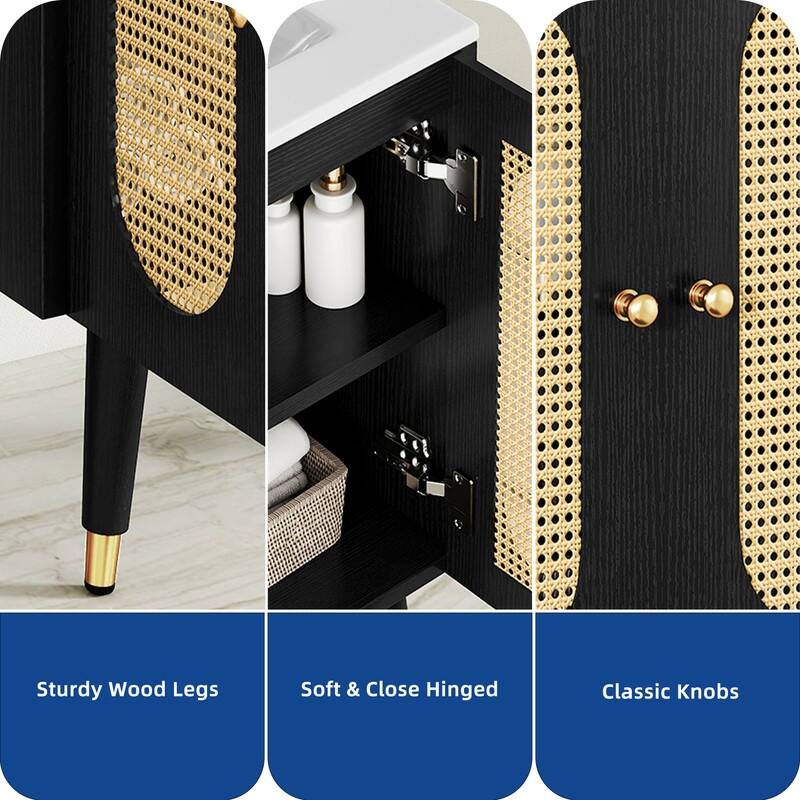 Moasis 24" Bathroom Vanity with Ceramic Sink, Rattan Double Door Cabinet and Drawer, Freestanding Solid Wood Legs