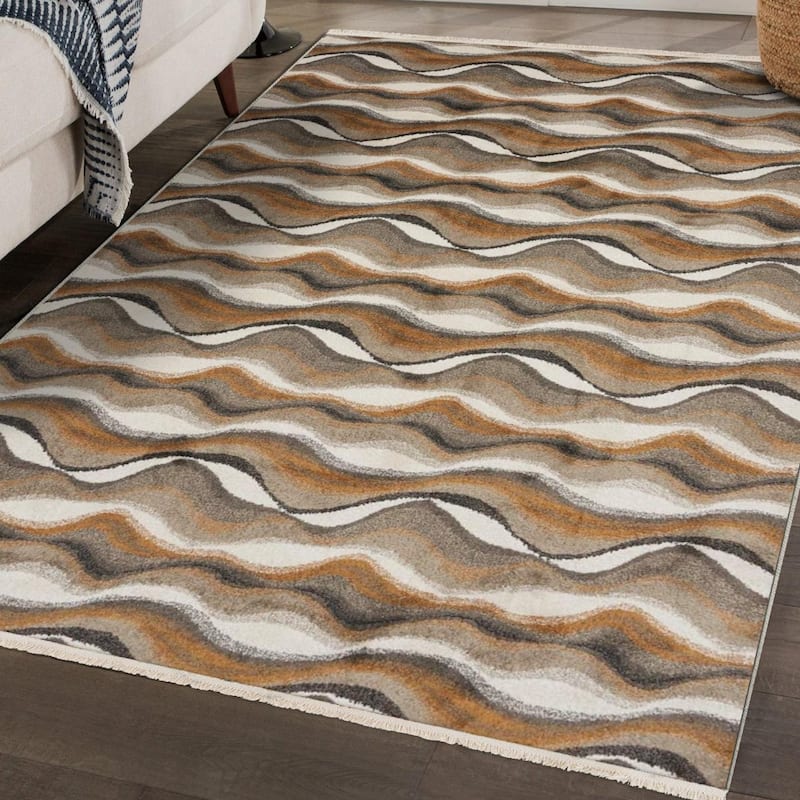 Luxe Weavers Modern Abstract Waves Fringe Area Rug, Non-Shedding Carpet - 2' x 3'