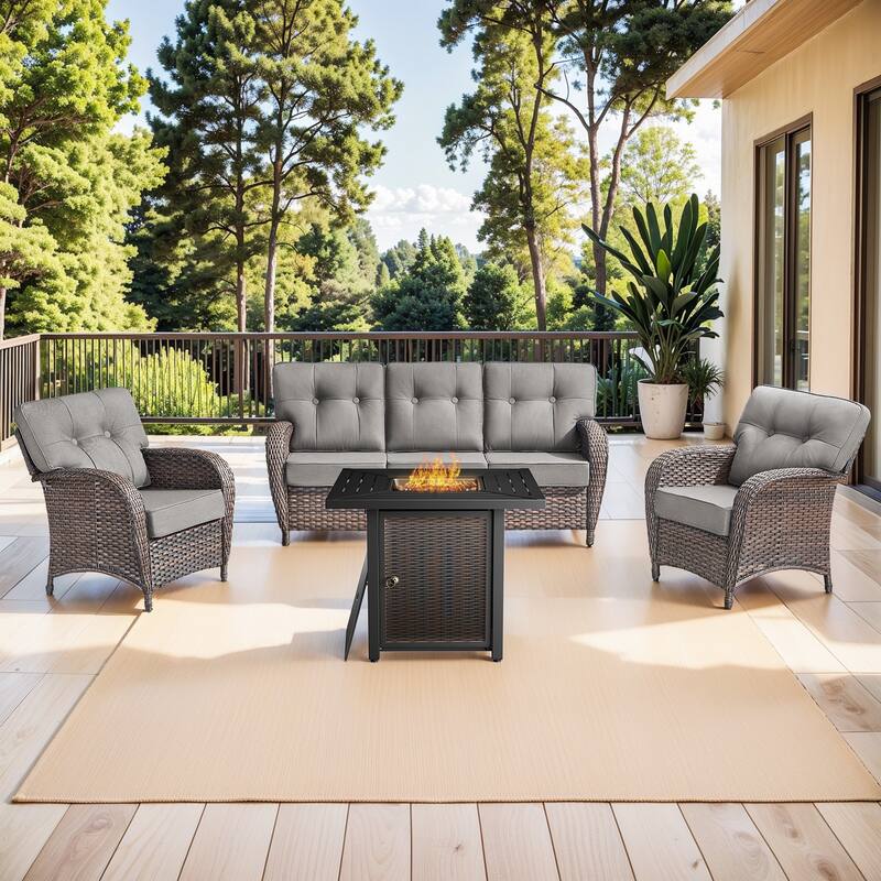 Pocassy Outdoor 30 In Fire Table with Sofa Patio Swivel Chair Set - Brown Wicker Gray Cushion - 6-Piece Sofa Patio Chair with Fire Pit Table