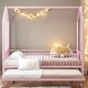 preview thumbnail 1 of 13, Pink Full Size Metal House Bed with Fence, Kids Bed with Trundle Pink