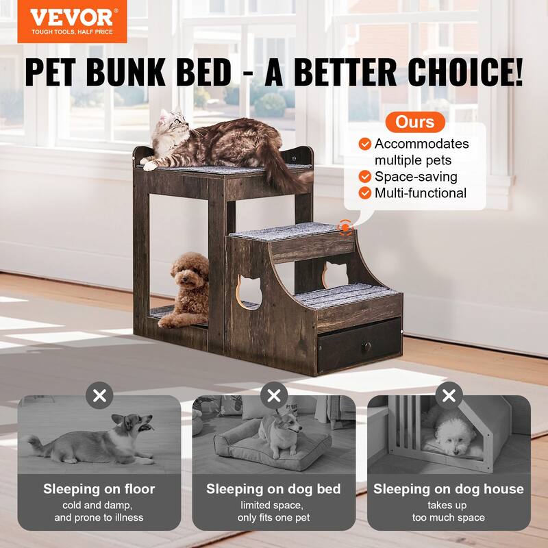Pet Bunk Bed with Removable Stairs, Dog/Cat Window Perch with Storage, Multi-Level Bed Window Perch Dog Bedside Sleeper Couch